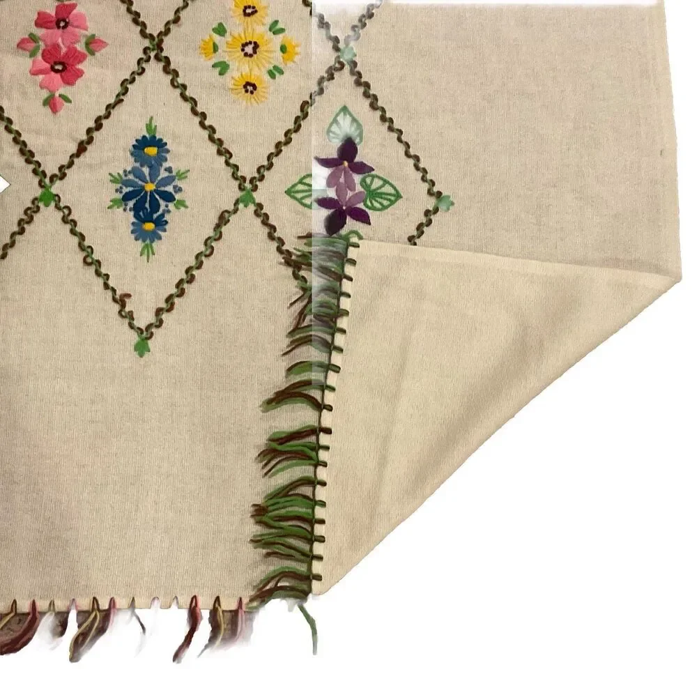 Vintage Handmade Throw Crewel Embroidered Cottage Granny Wool 54 X 66 MCM